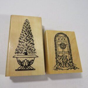 Rubber Stamps Wood Mounted (Topiary in Plater, 3 Teddy Bears front of door)
